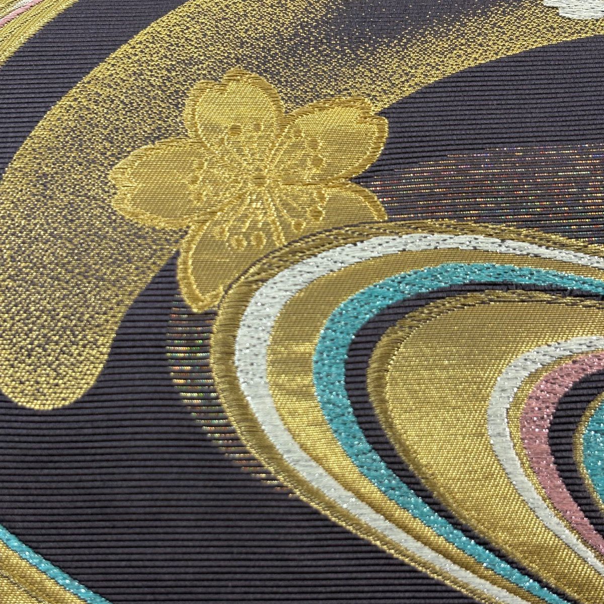 【美品】 袋帶 秀品級 樱花 流水 刺繡 金金箔 深紫 六通 純蠶絲