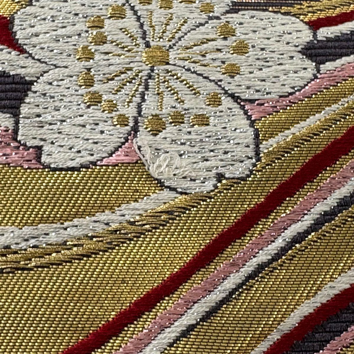 【美品】 袋帶 秀品級 樱花 流水 刺繡 金金箔 深紫 六通 純蠶絲