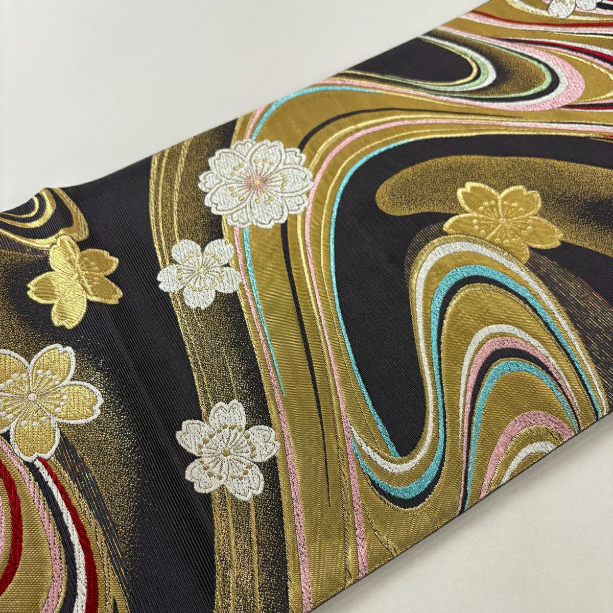 【美品】 袋帶 秀品級 樱花 流水 刺繡 金金箔 深紫 六通 純蠶絲