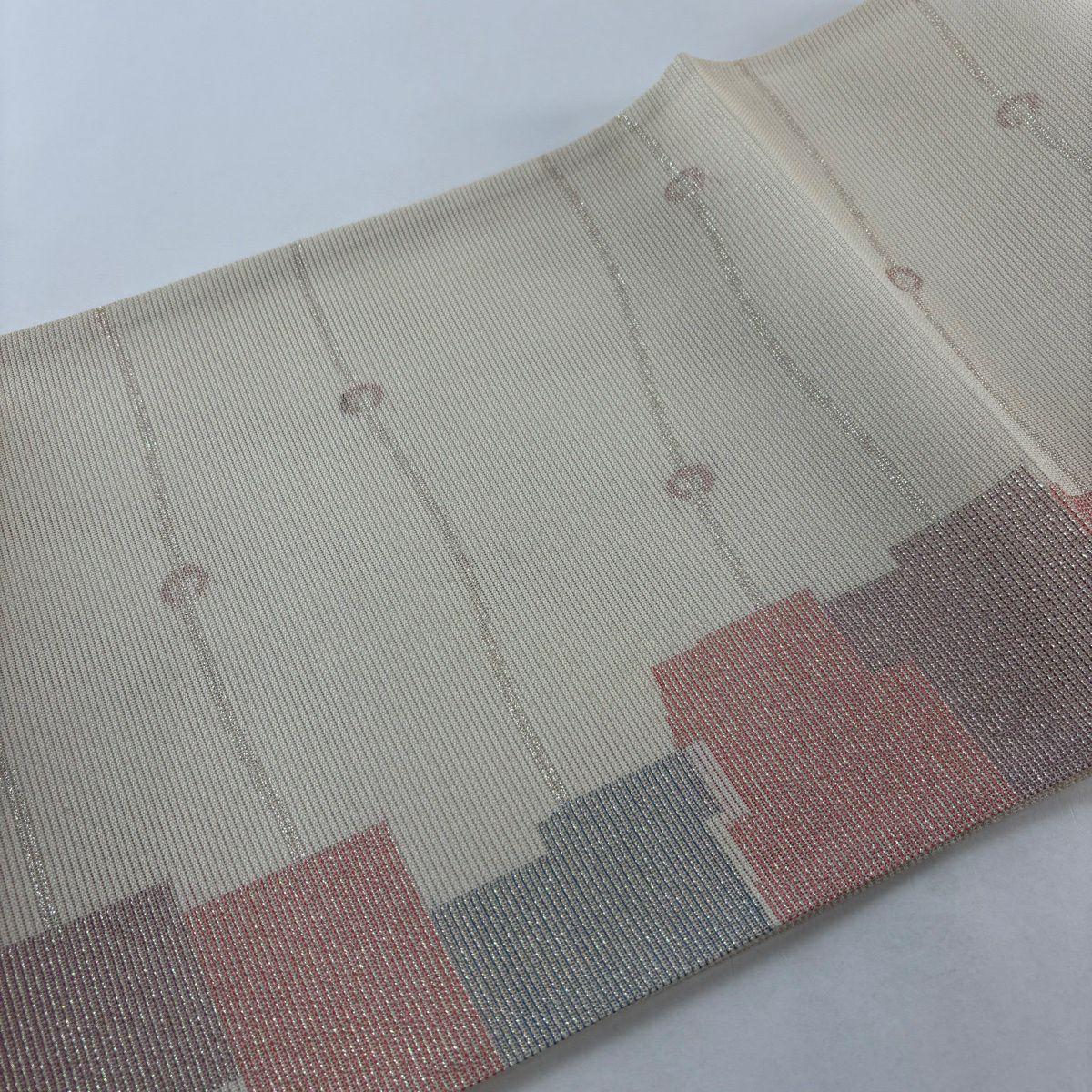 【美品】 袋名古屋帶 秀品級 夏帶 絽 幾何圖案 拉麵金金箔 米色 純蠶絲