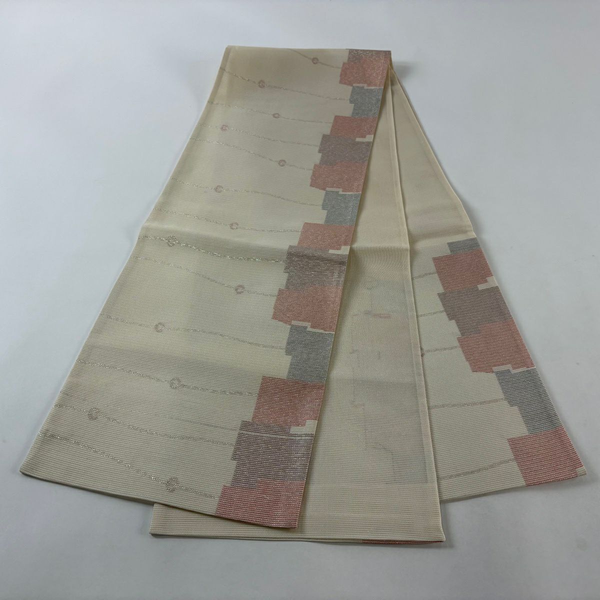 【美品】 袋名古屋帶 秀品級 夏帶 絽 幾何圖案 拉麵金金箔 米色 純蠶絲
