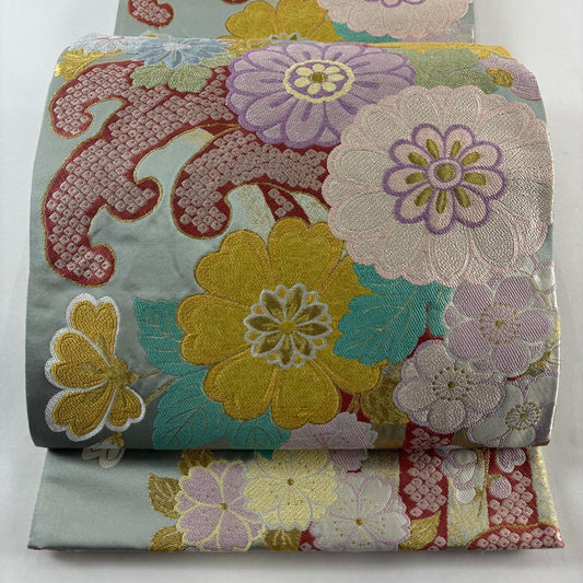 袋帶 秀品級 菊花 波頭 金絲 刺繡 灰綠 六通 純蠶絲