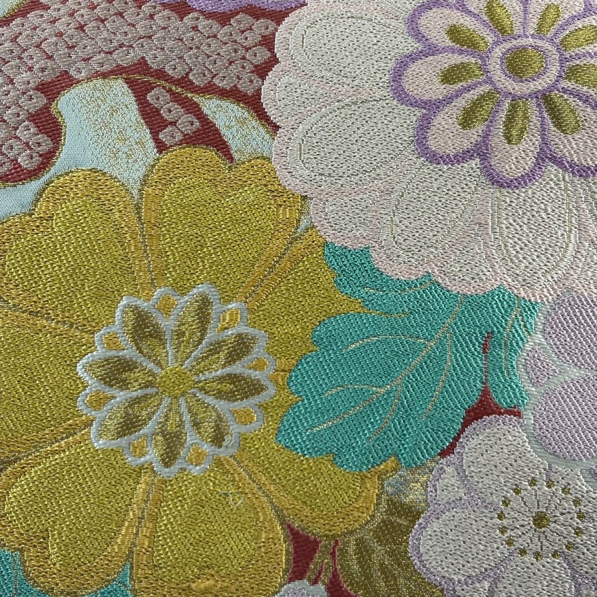 袋帶 秀品級 菊花 波頭 金絲 刺繡 灰綠 六通 純蠶絲