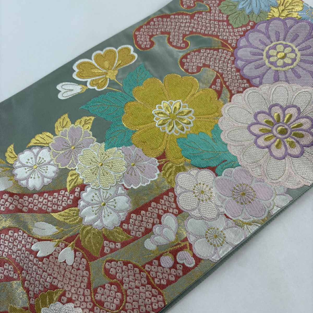 袋帶 秀品級 菊花 波頭 金絲 刺繡 灰綠 六通 純蠶絲