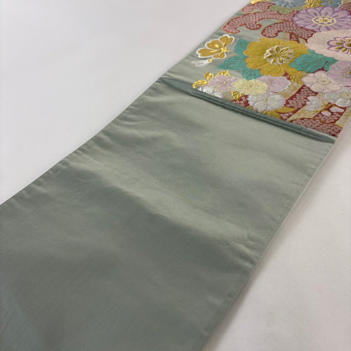 袋帶 秀品級 菊花 波頭 金絲 刺繡 灰綠 六通 純蠶絲