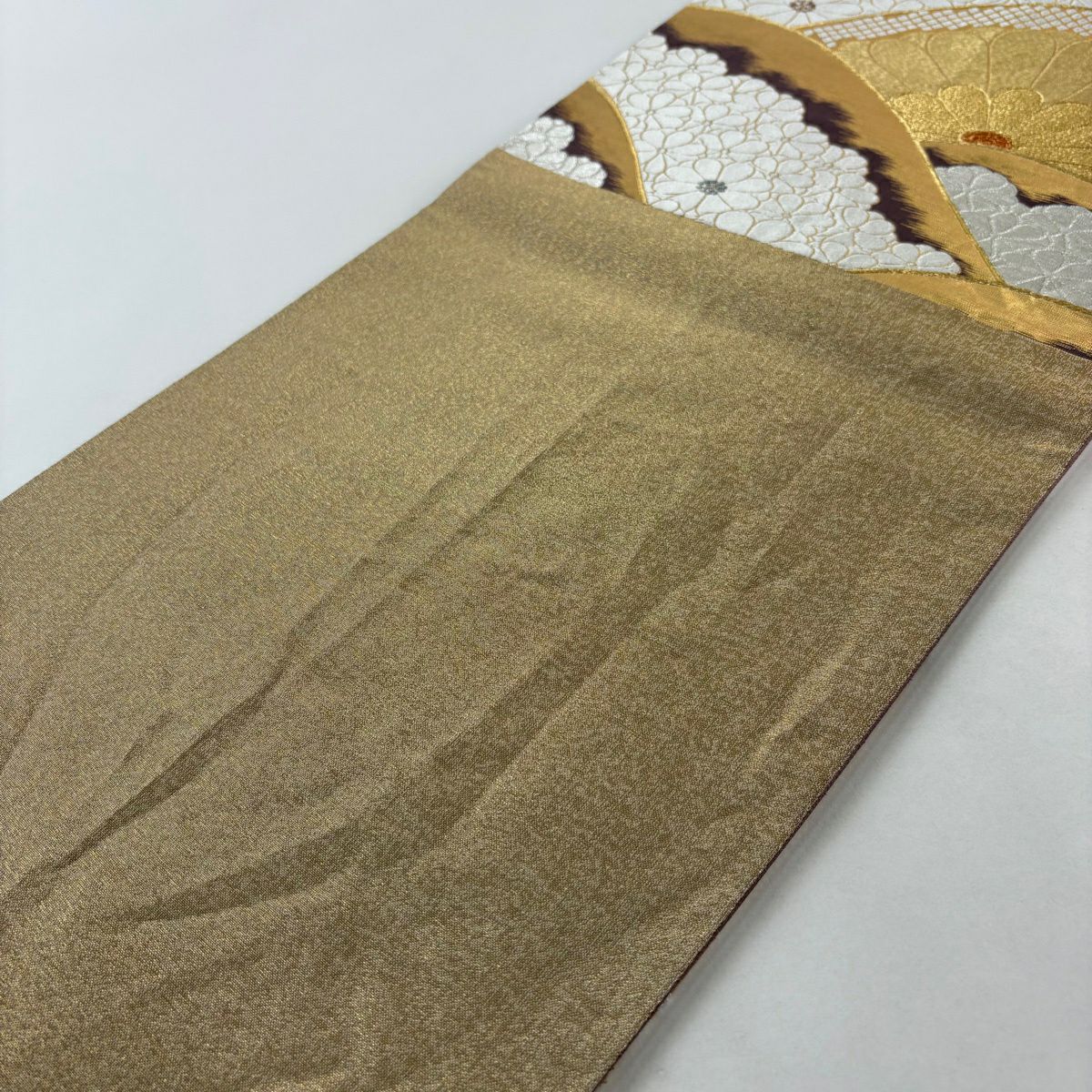 【美品】 袋帶 秀品級 菊花花 金銀彩 刺繡 金色 六通 純蠶絲