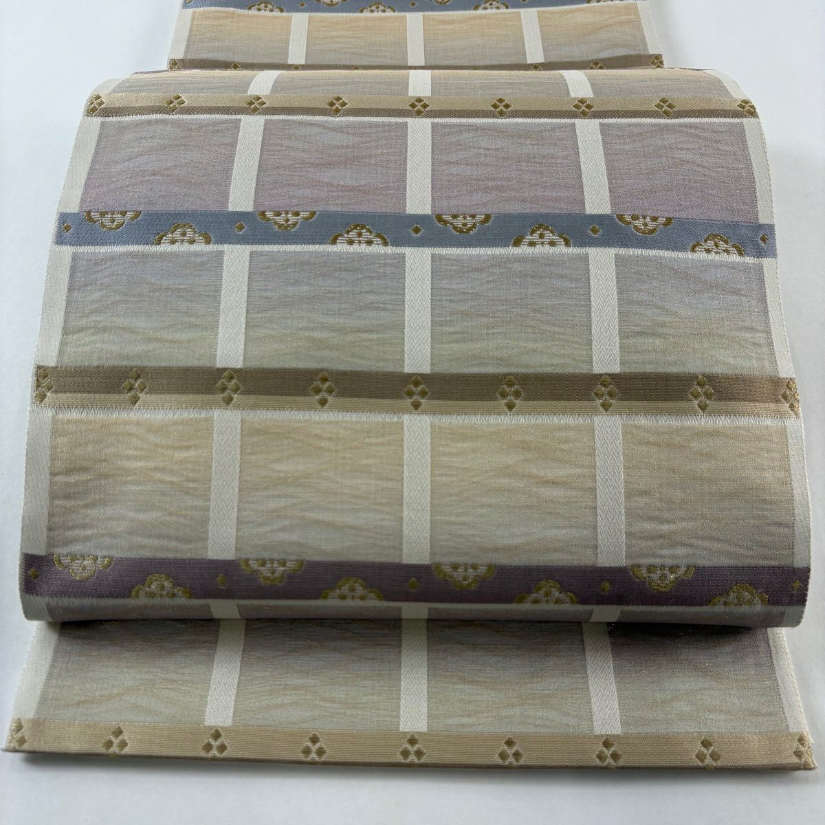 【美品】 袋帶 秀品級 鈴乃屋 縞 幾何學圖案 金絲 灰茶 六通 純蠶絲