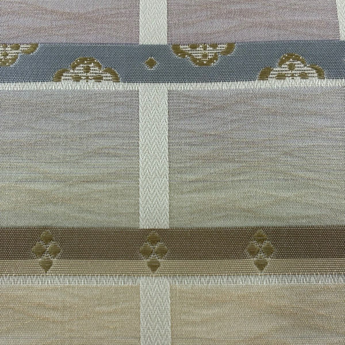 【美品】 袋帶 秀品級 鈴乃屋 縞 幾何學圖案 金絲 灰茶 六通 純蠶絲