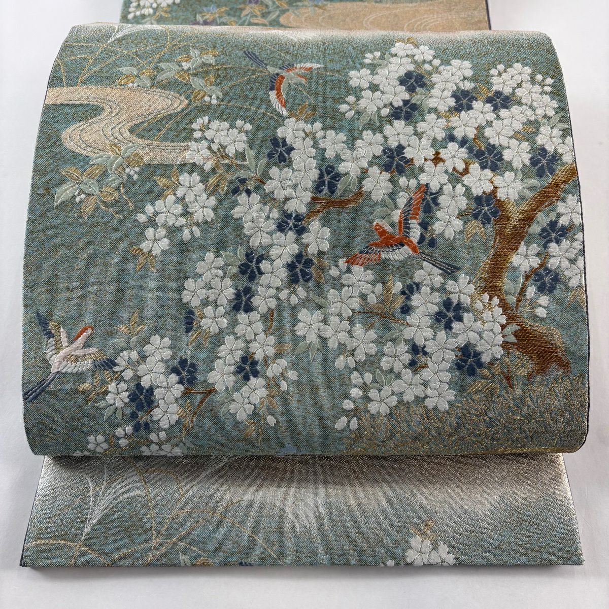【美品】 袋帶 秀品級 桃山香櫻花紋 花鳥 金絲 金金箔 淺綠 六通 純蠶絲