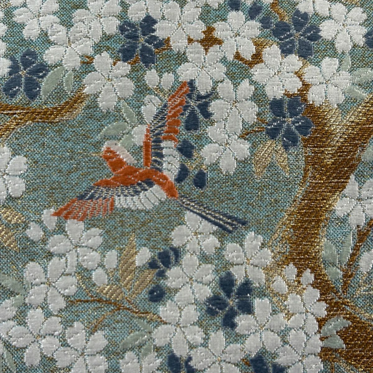 【美品】 袋帶 秀品級 桃山香櫻花紋 花鳥 金絲 金金箔 淺綠 六通 純蠶絲