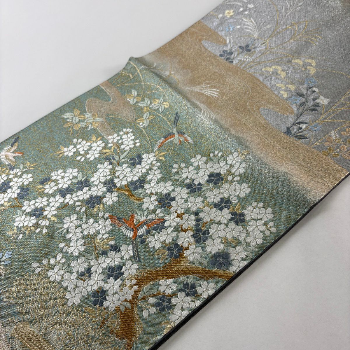 【美品】 袋帶 秀品級 桃山香櫻花紋 花鳥 金絲 金金箔 淺綠 六通 純蠶絲