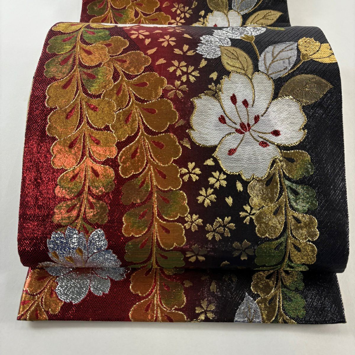 袋帶 優品級 振袖禮服禮服用 櫻花 入子菱 金金箔 金絲 紅 六通 純蠶絲