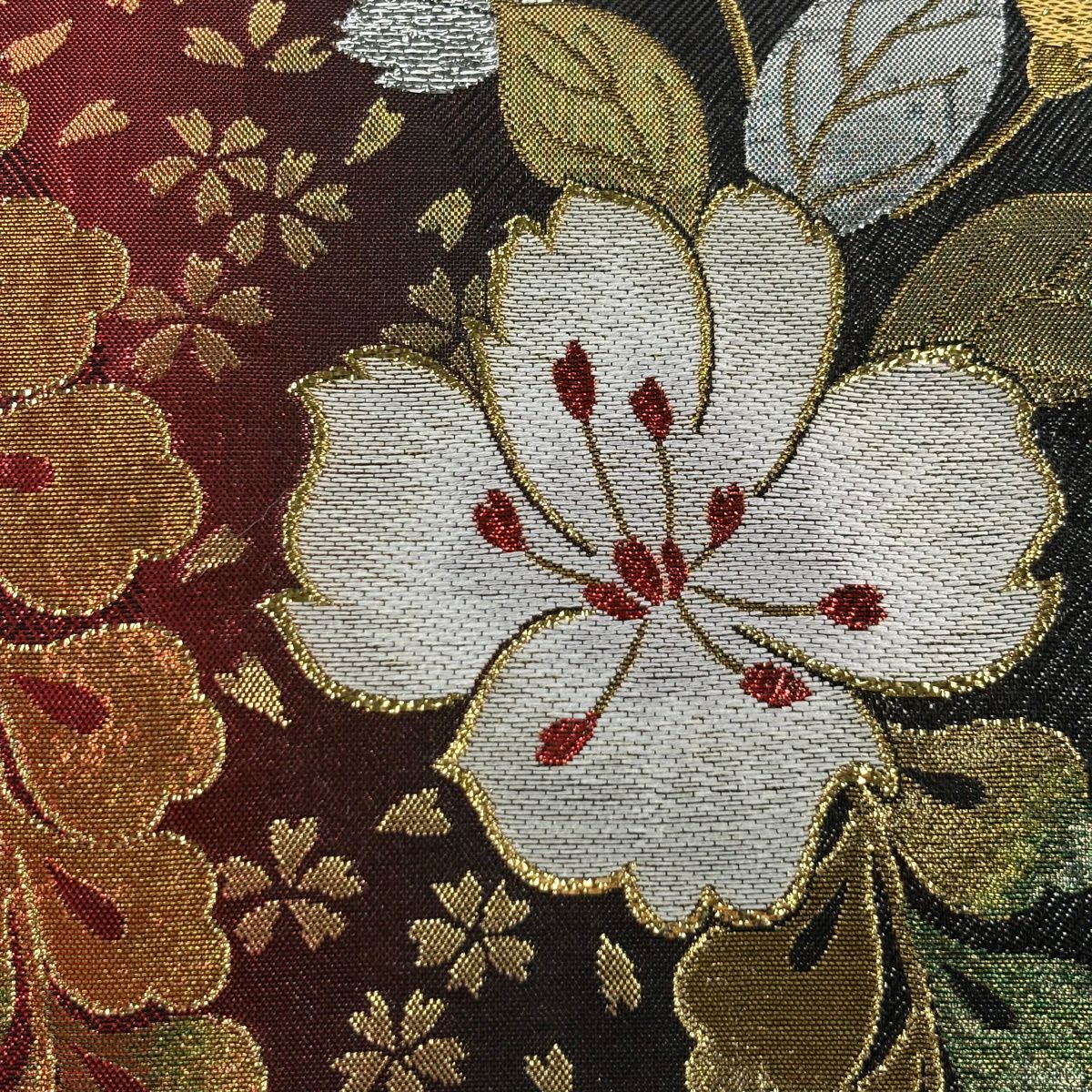 袋帶 優品級 振袖禮服禮服用 櫻花 入子菱 金金箔 金絲 紅 六通 純蠶絲