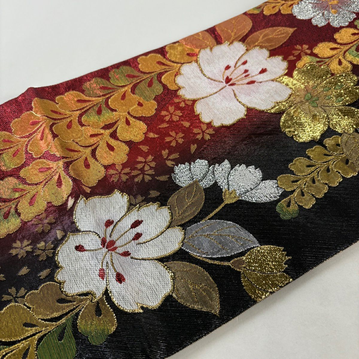 袋帶 優品級 振袖禮服禮服用 櫻花 入子菱 金金箔 金絲 紅 六通 純蠶絲