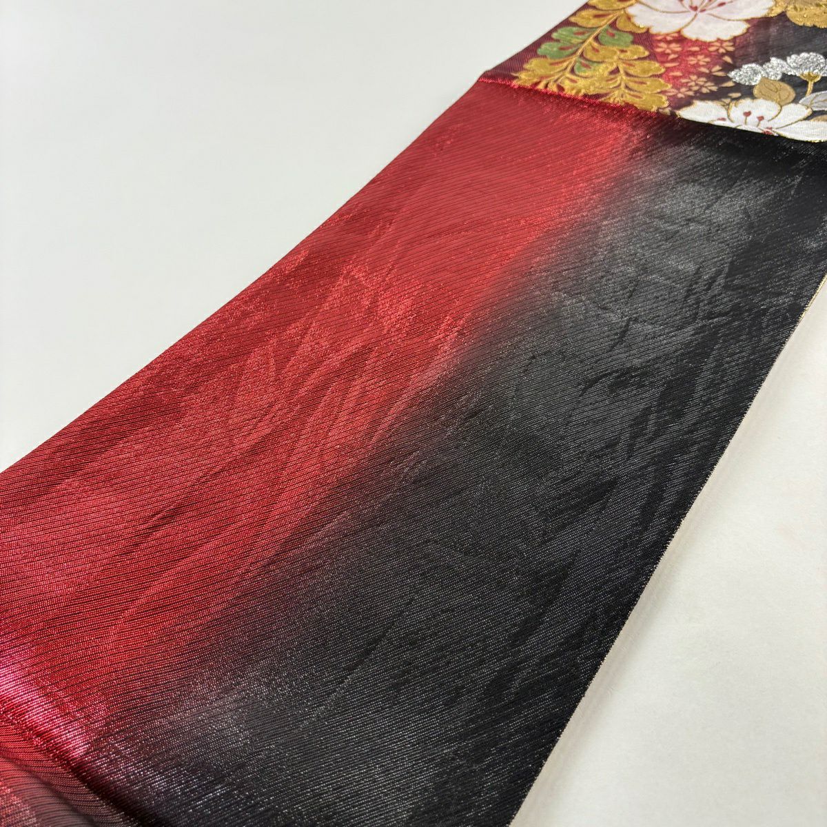袋帶 優品級 振袖禮服禮服用 櫻花 入子菱 金金箔 金絲 紅 六通 純蠶絲