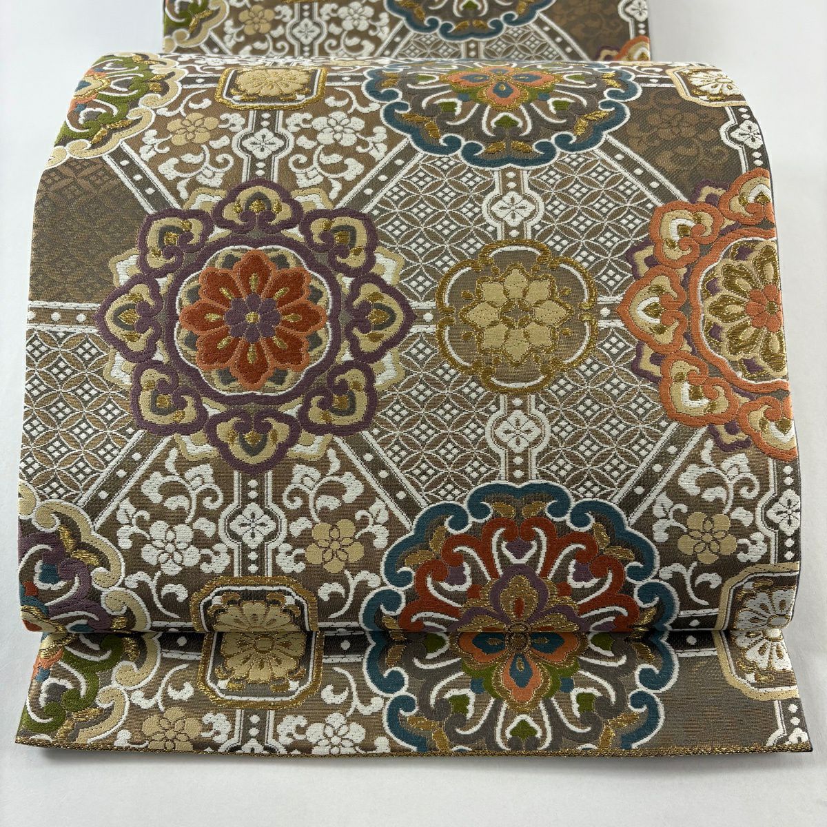 袋帶 秀品級 華紋 七寶 金絲 金金箔 金茶 六通 純蠶絲
