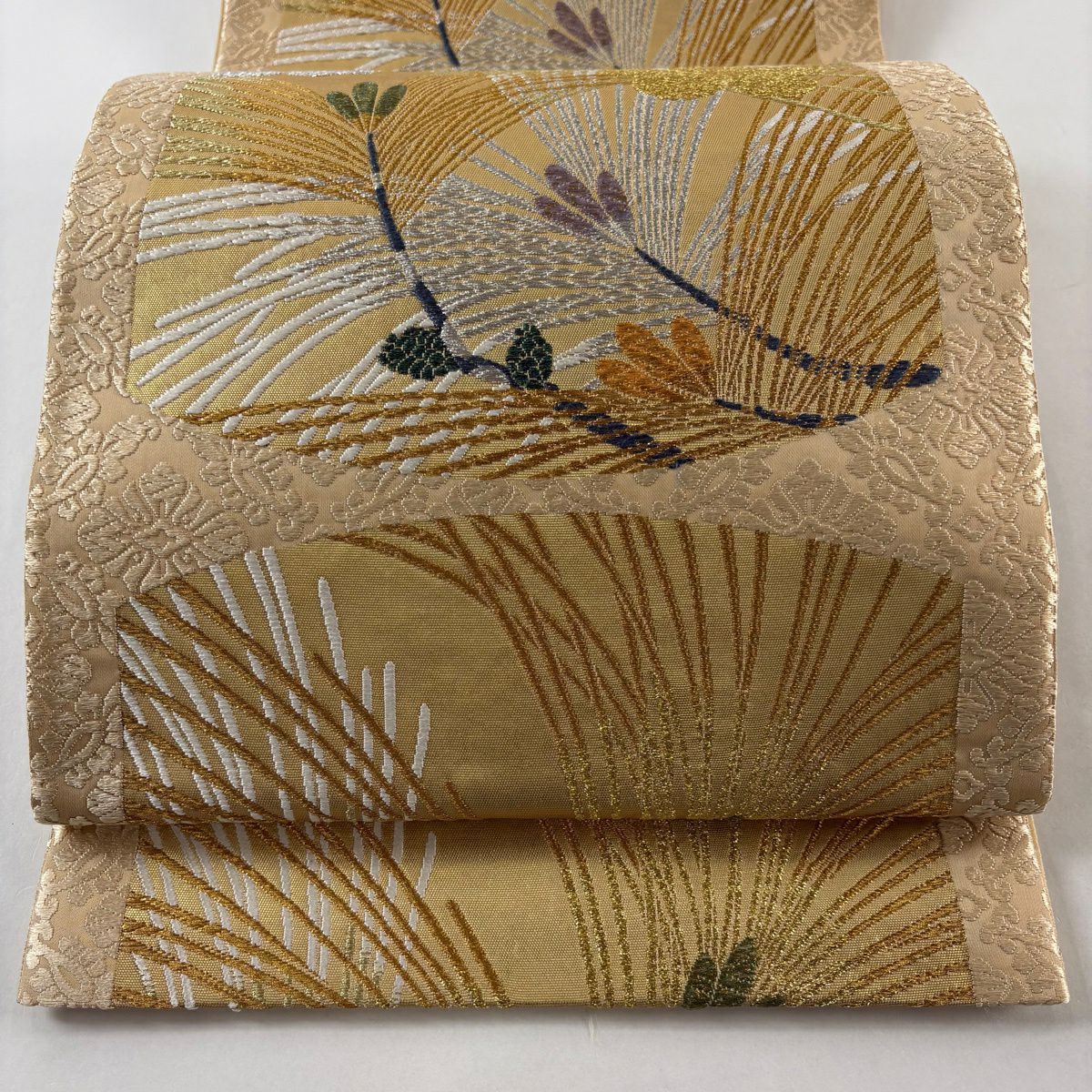 袋帶 秀品級 鈴乃屋 松樹梅花鉢文 花菱 金銀糸 唐織 淺茶 六通 純蠶絲