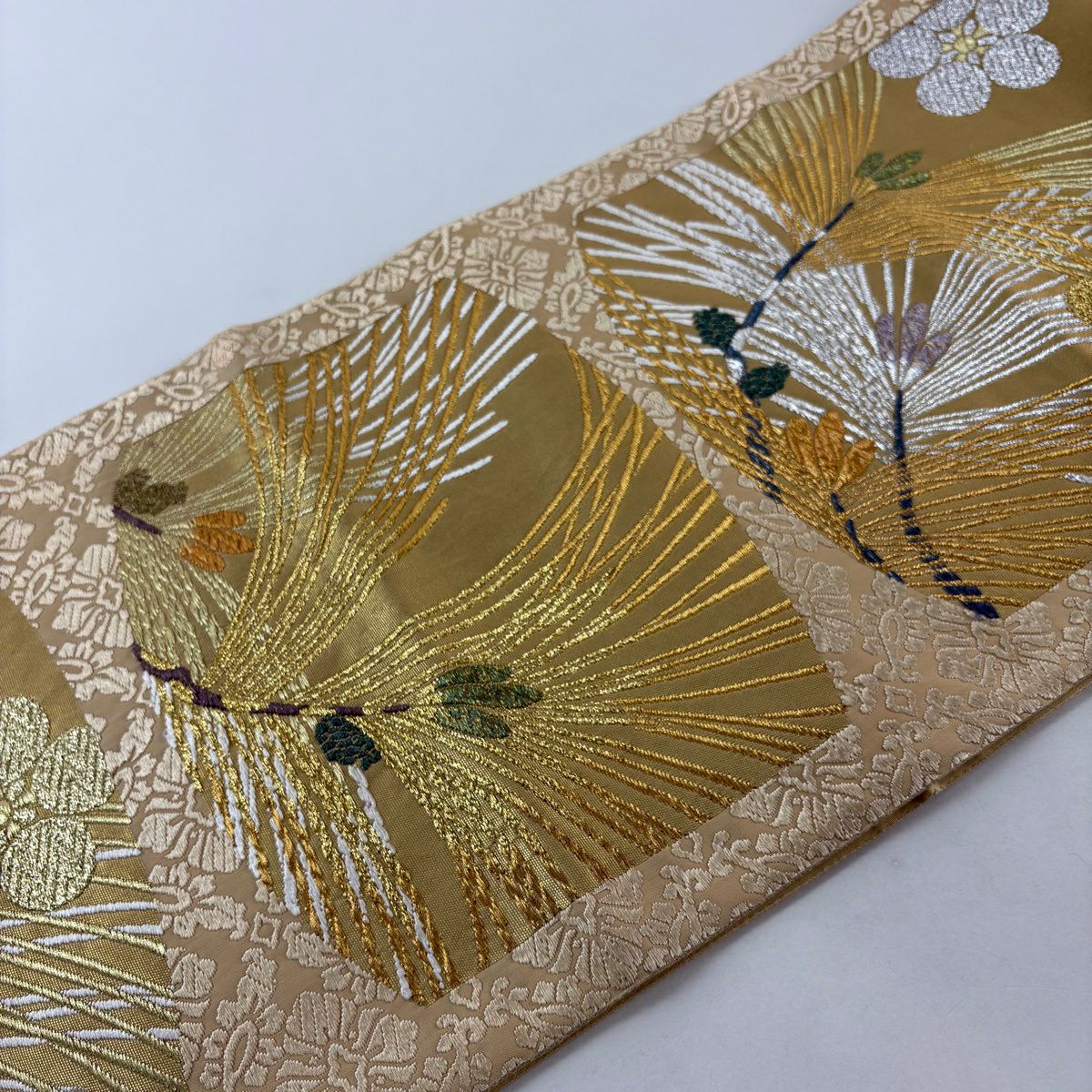 袋帶 秀品級 鈴乃屋 松樹梅花鉢文 花菱 金銀糸 唐織 淺茶 六通 純蠶絲