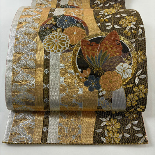 袋帶 秀品級 蝶 松樹梅花 金絲 金金箔 金色 六通 純蠶絲
