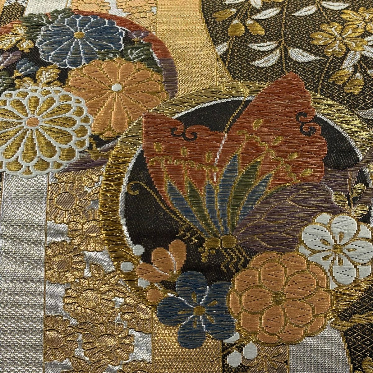袋帶 秀品級 蝶 松樹梅花 金絲 金金箔 金色 六通 純蠶絲