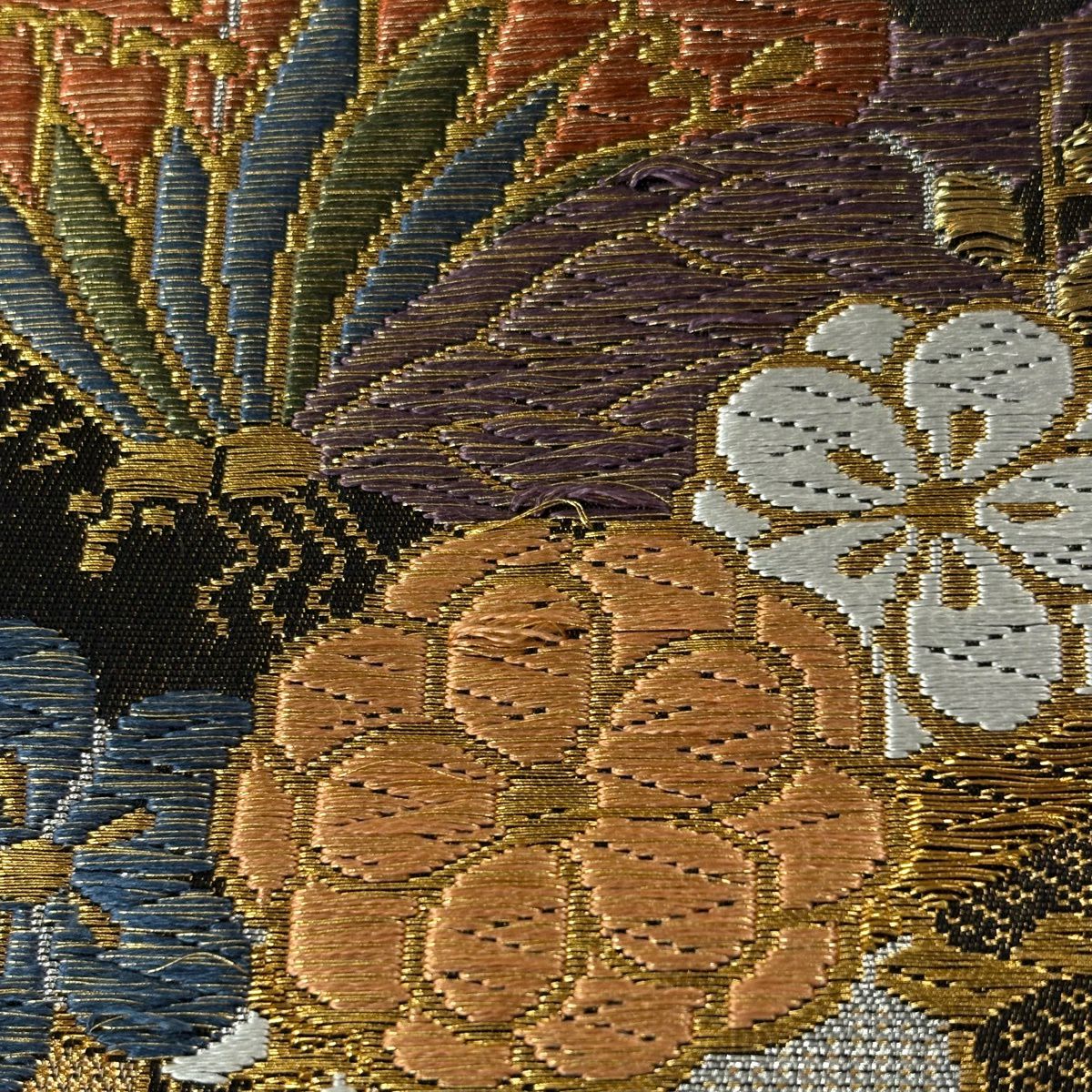 袋帶 秀品級 蝶 松樹梅花 金絲 金金箔 金色 六通 純蠶絲