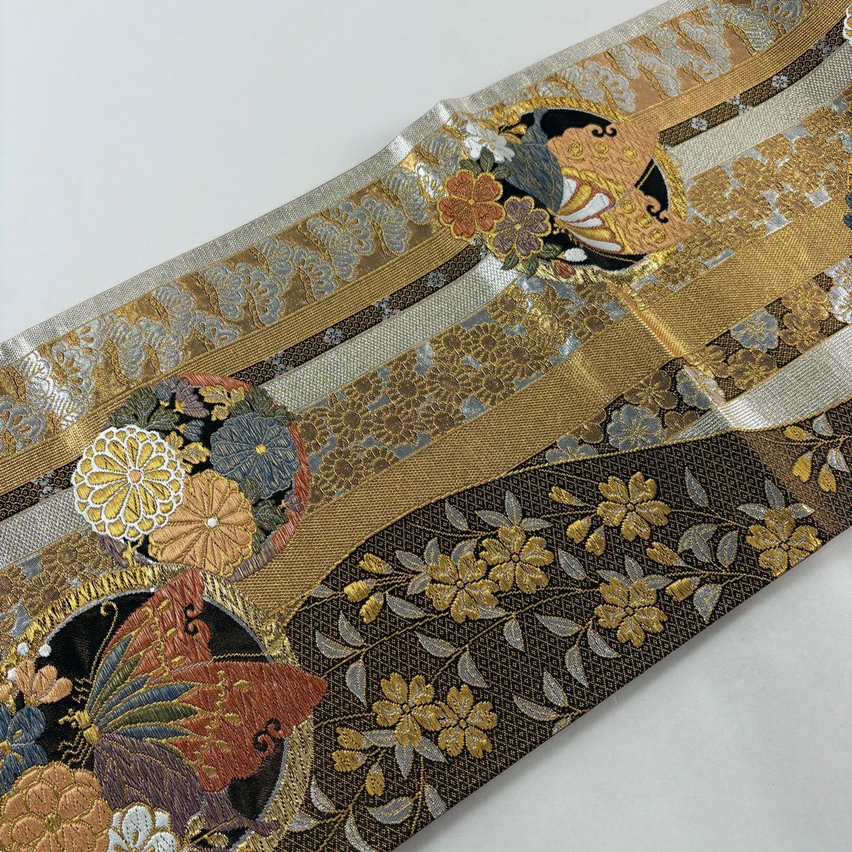袋帶 秀品級 蝶 松樹梅花 金絲 金金箔 金色 六通 純蠶絲