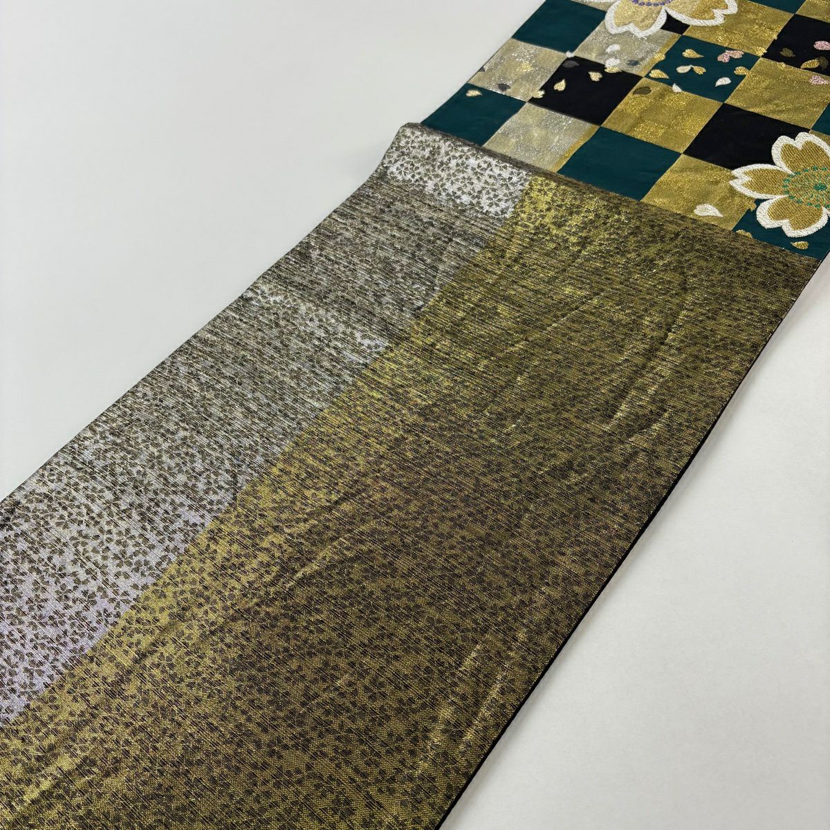 袋帶 秀品級 櫻花 市松樹 金銀線 金金箔 深綠 六通 純蠶絲