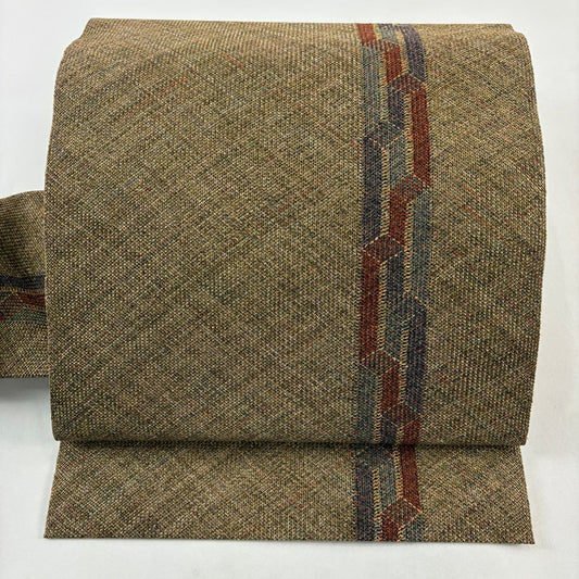 【美品】名古屋帶 秀品級 八寸名古屋帶 斜格子 幾何圖案 金絲 茶 純蠶絲
