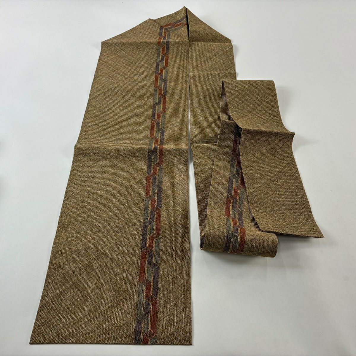 【美品】名古屋帶 秀品級 八寸名古屋帶 斜格子 幾何圖案 金絲 茶 純蠶絲