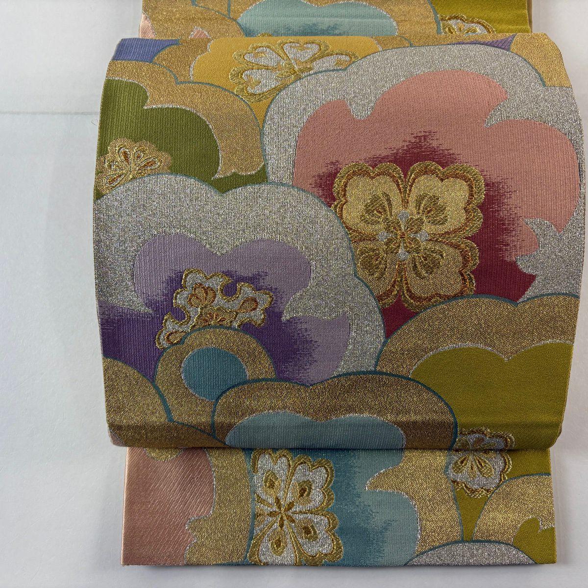 【美品】 袋帶 秀品級 華紋 花 金銀彩 山吹 深黃 六通 純蠶絲