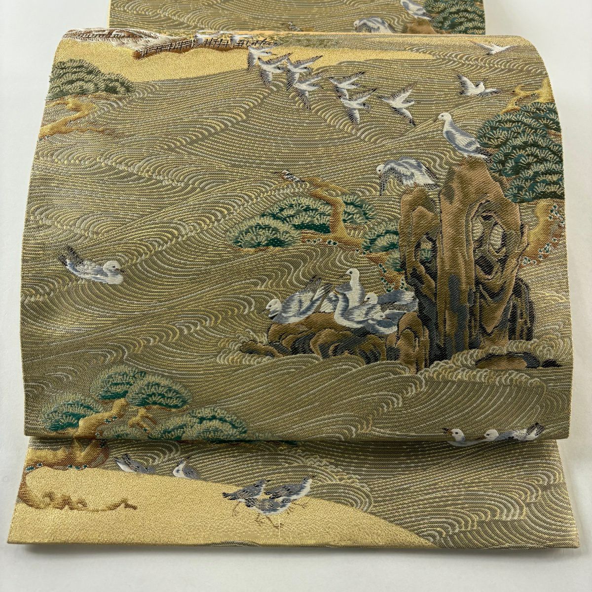 【美品】 袋帶 秀品級 水邊的風景 鳥 金絲 金金箔 金 六通 純蠶絲