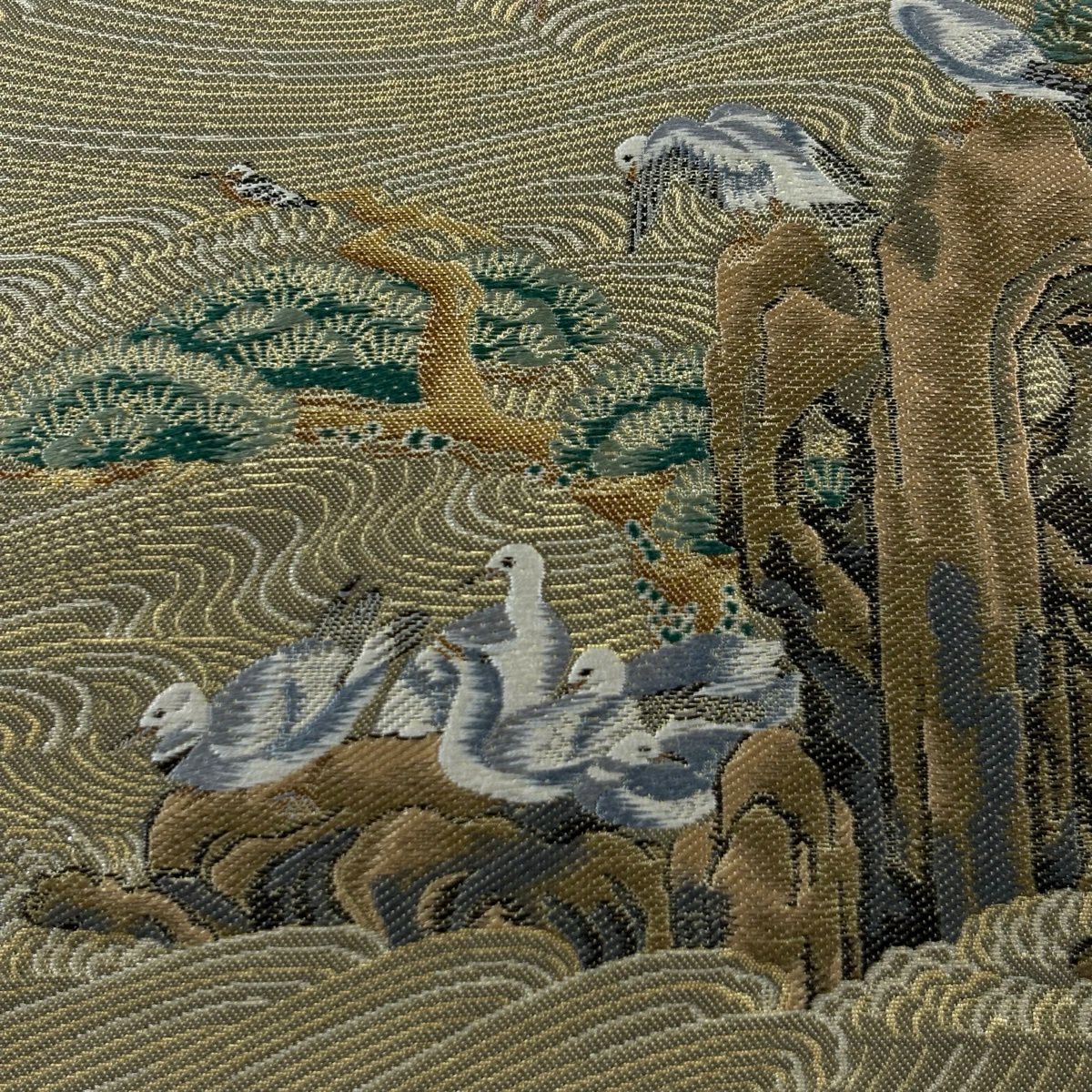 【美品】 袋帶 秀品級 水邊的風景 鳥 金絲 金金箔 金 六通 純蠶絲