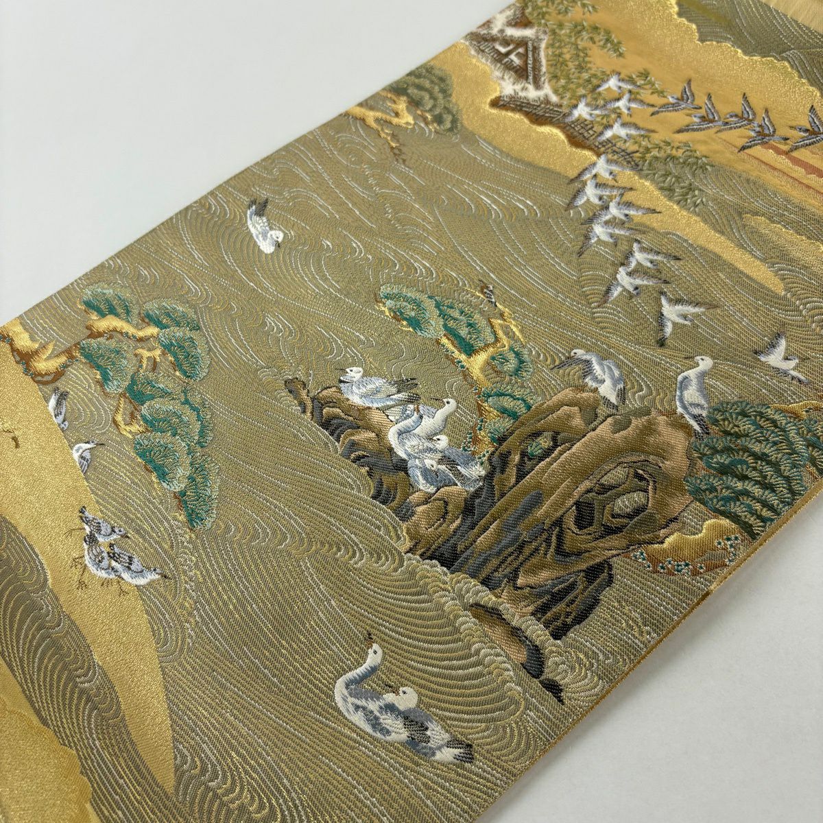 【美品】 袋帶 秀品級 水邊的風景 鳥 金絲 金金箔 金 六通 純蠶絲