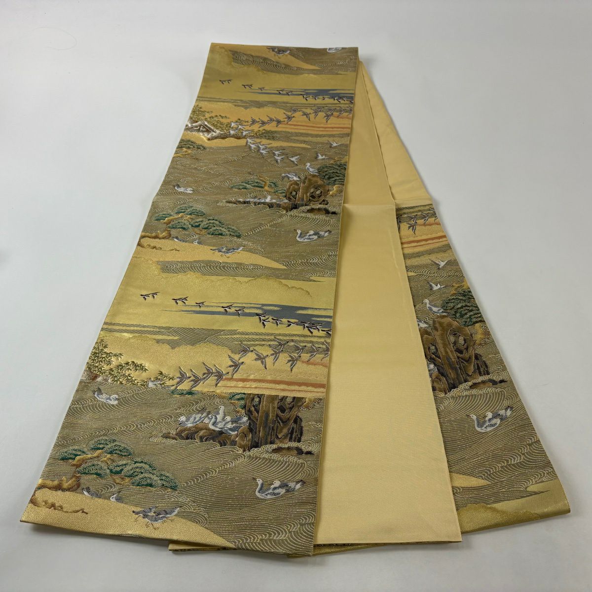【美品】 袋帶 秀品級 水邊的風景 鳥 金絲 金金箔 金 六通 純蠶絲