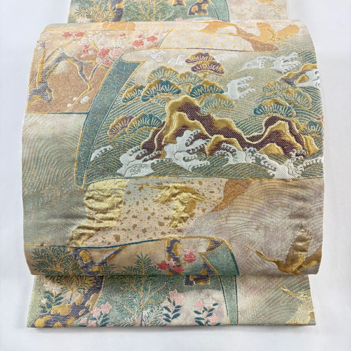 【美品】 袋帶 秀品級 卷物 松樹 金絲 金金箔 金色 六通 純蠶絲