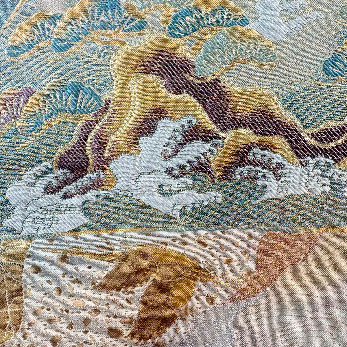 【美品】 袋帶 秀品級 卷物 松樹 金絲 金金箔 金色 六通 純蠶絲