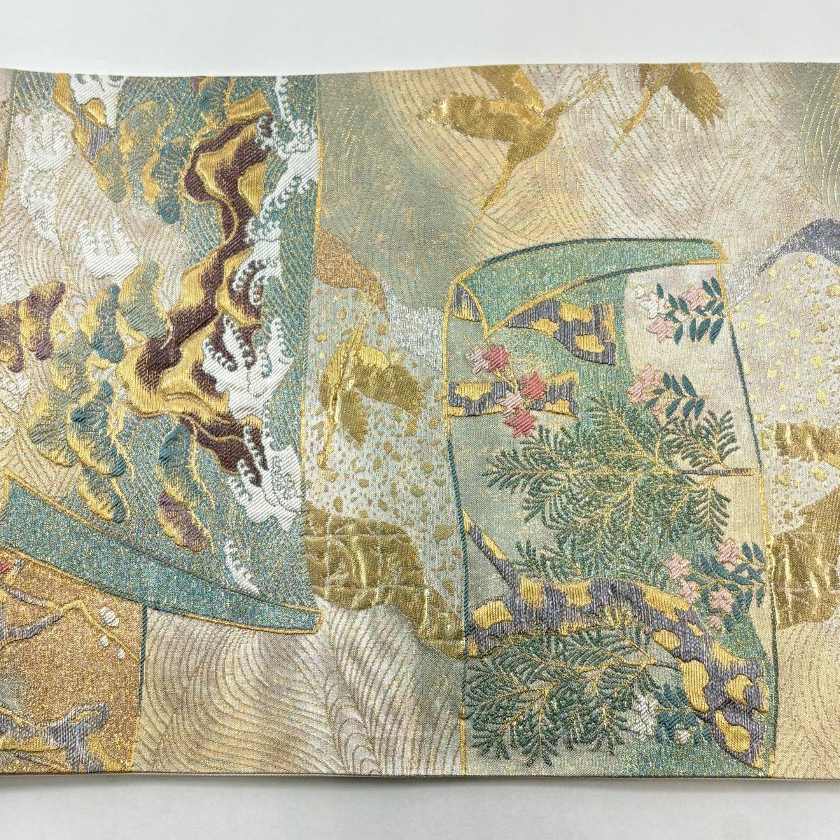 【美品】 袋帶 秀品級 卷物 松樹 金絲 金金箔 金色 六通 純蠶絲