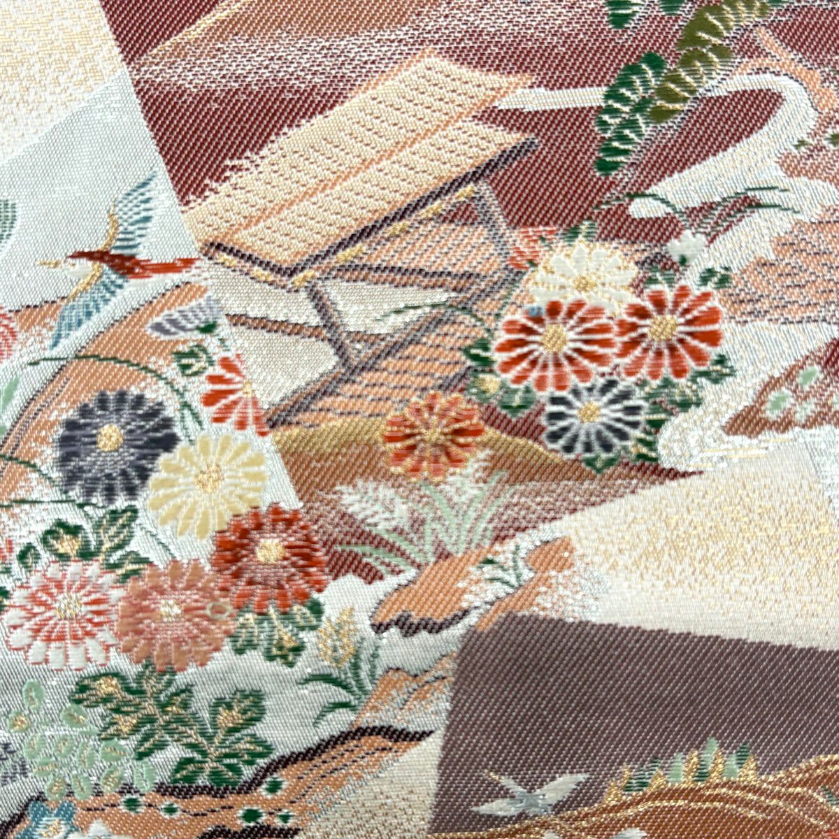 【美品】 袋帶 秀品級 色紙四季繪文 金金箔 淺橙 六通 純蠶絲
