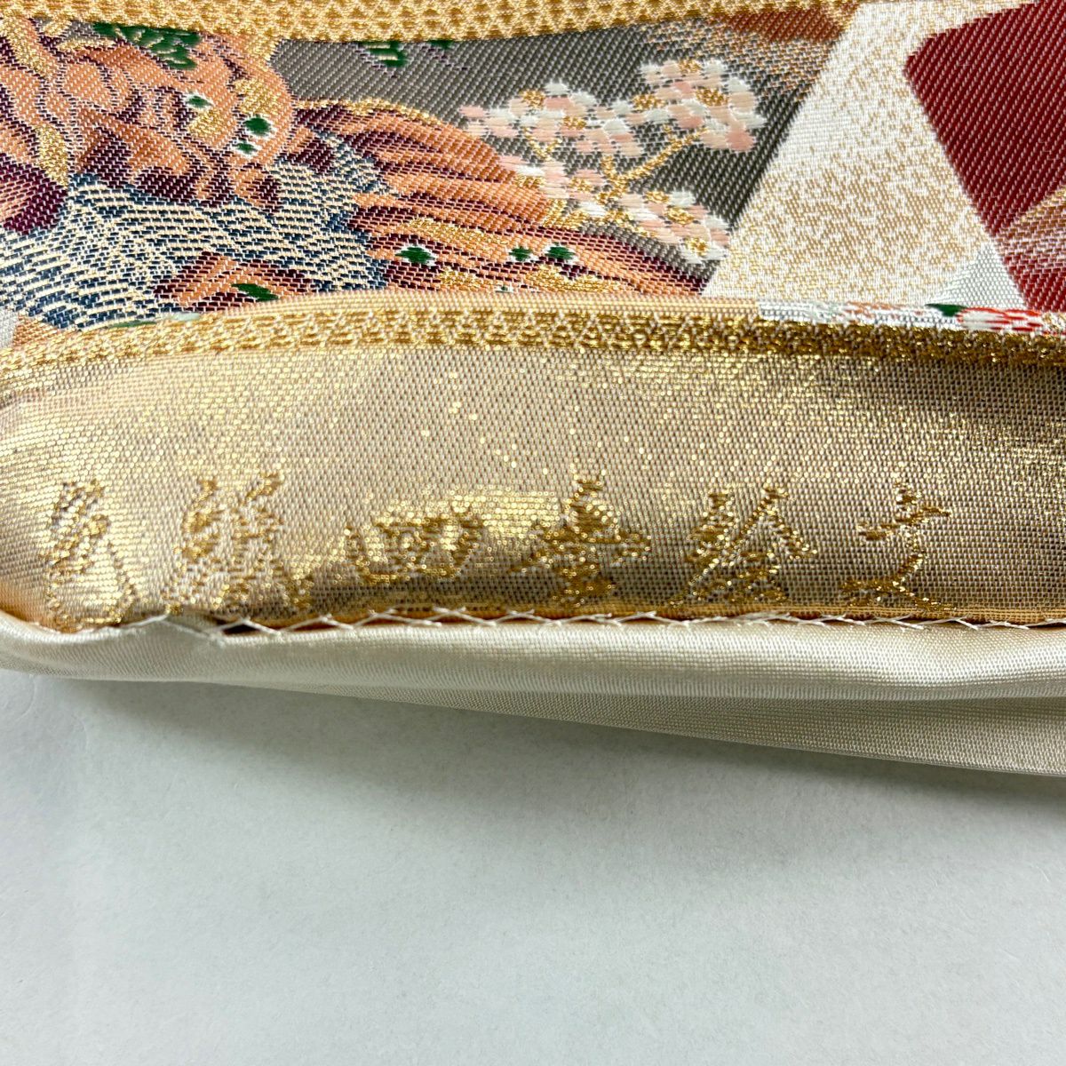 【美品】 袋帶 秀品級 色紙四季繪文 金金箔 淺橙 六通 純蠶絲