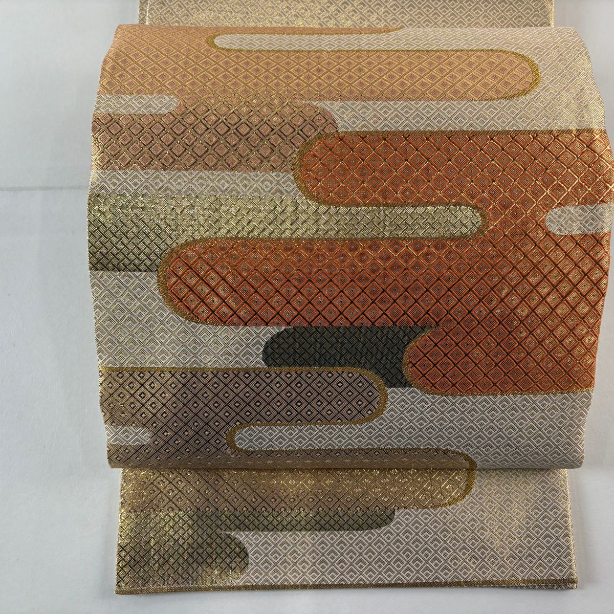 袋帶 秀品級 關西仕立 雲霞 斜格子 金絲 金金箔 金色 大鼓圖案 純蠶絲