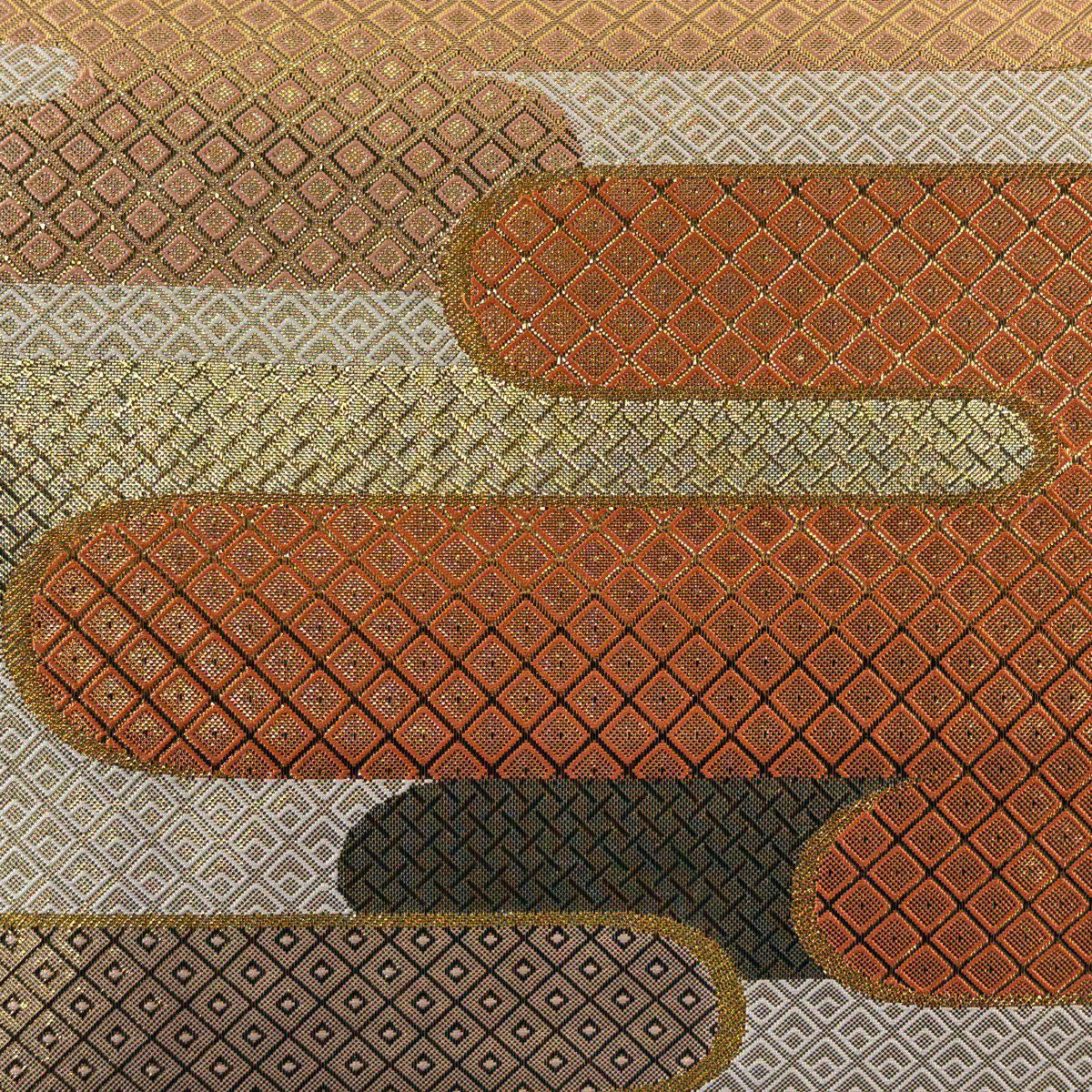 袋帶 秀品級 關西仕立 雲霞 斜格子 金絲 金金箔 金色 大鼓圖案 純蠶絲