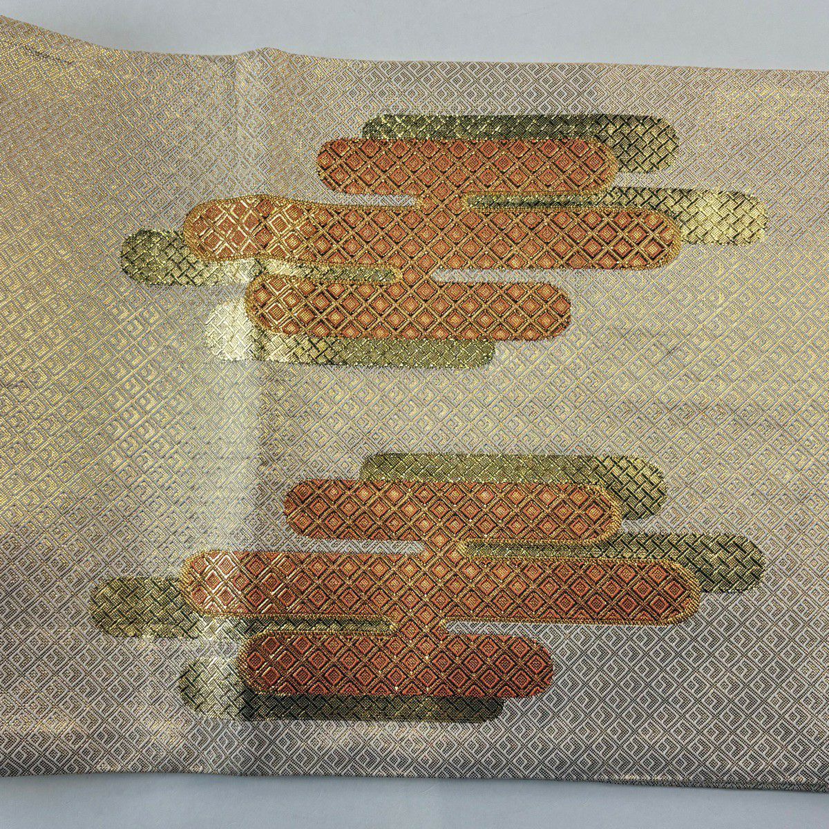 袋帶 秀品級 關西仕立 雲霞 斜格子 金絲 金金箔 金色 大鼓圖案 純蠶絲