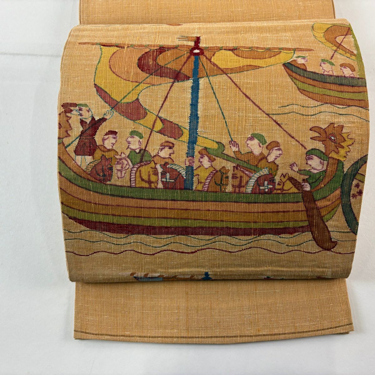 【美品】 袋帶 秀品級 紬織織地 關西仕立 單位 船 薄橙色 大鼓圖案 純蠶絲