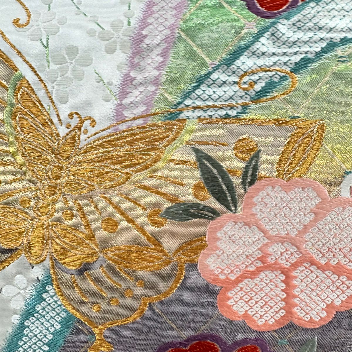 袋帶 秀品級 蝶花 櫻花 金金箔 奶油色 全通 純蠶絲