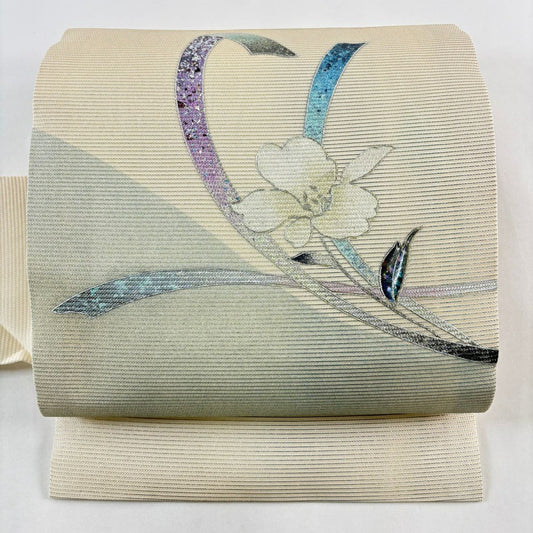 【美品】 名古屋帶 秀品級 夏帶 絽 草花紋 螺鈿 金銀彩 奶油色 純蠶絲