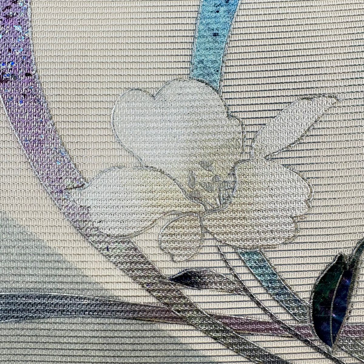 【美品】 名古屋帶 秀品級 夏帶 絽 草花紋 螺鈿 金銀彩 奶油色 純蠶絲