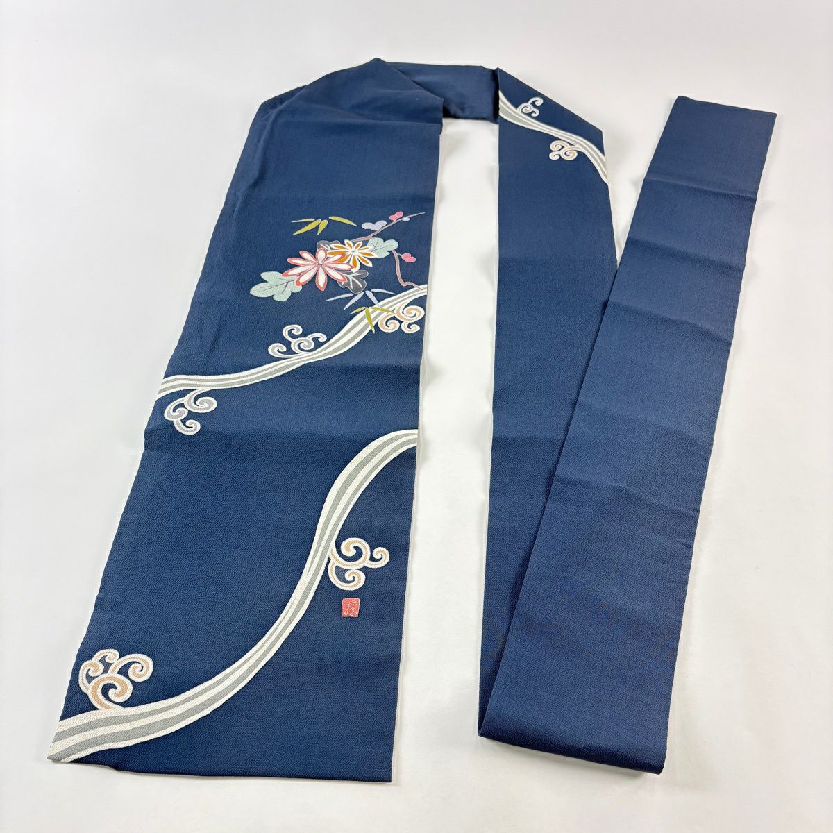 名古屋帶 秀品級 附有落款 菊花花 竹子子 絞織 深藍 純蠶絲
