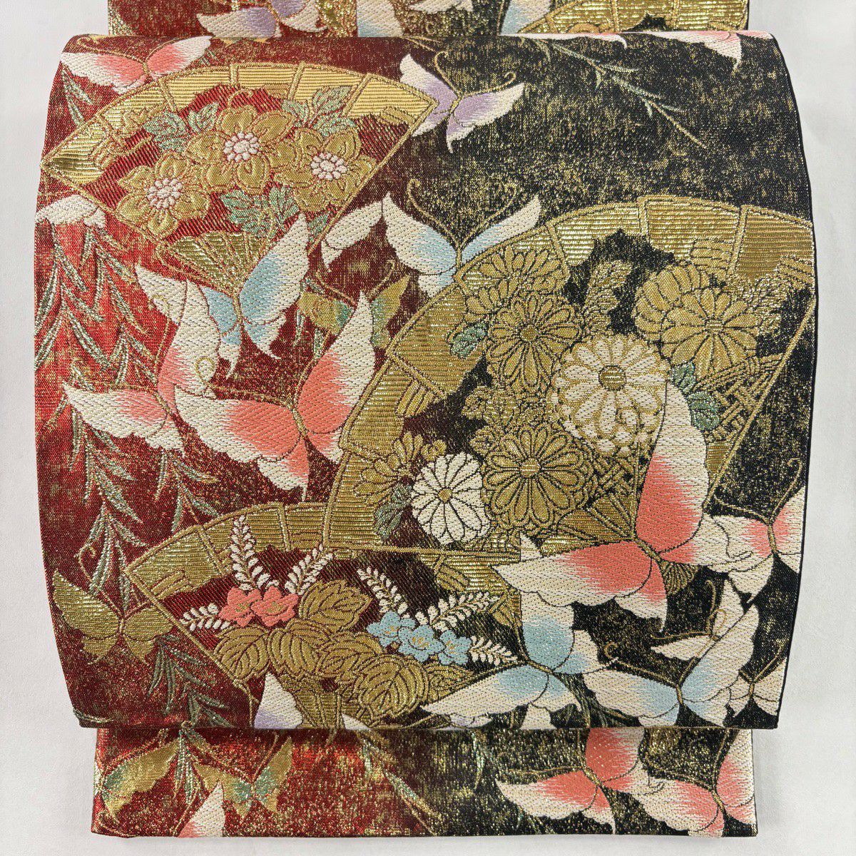 【美品】 袋帶 秀品級 檜扇子 蝴蝶 刺繡 金絲 紅 六通 純蠶絲