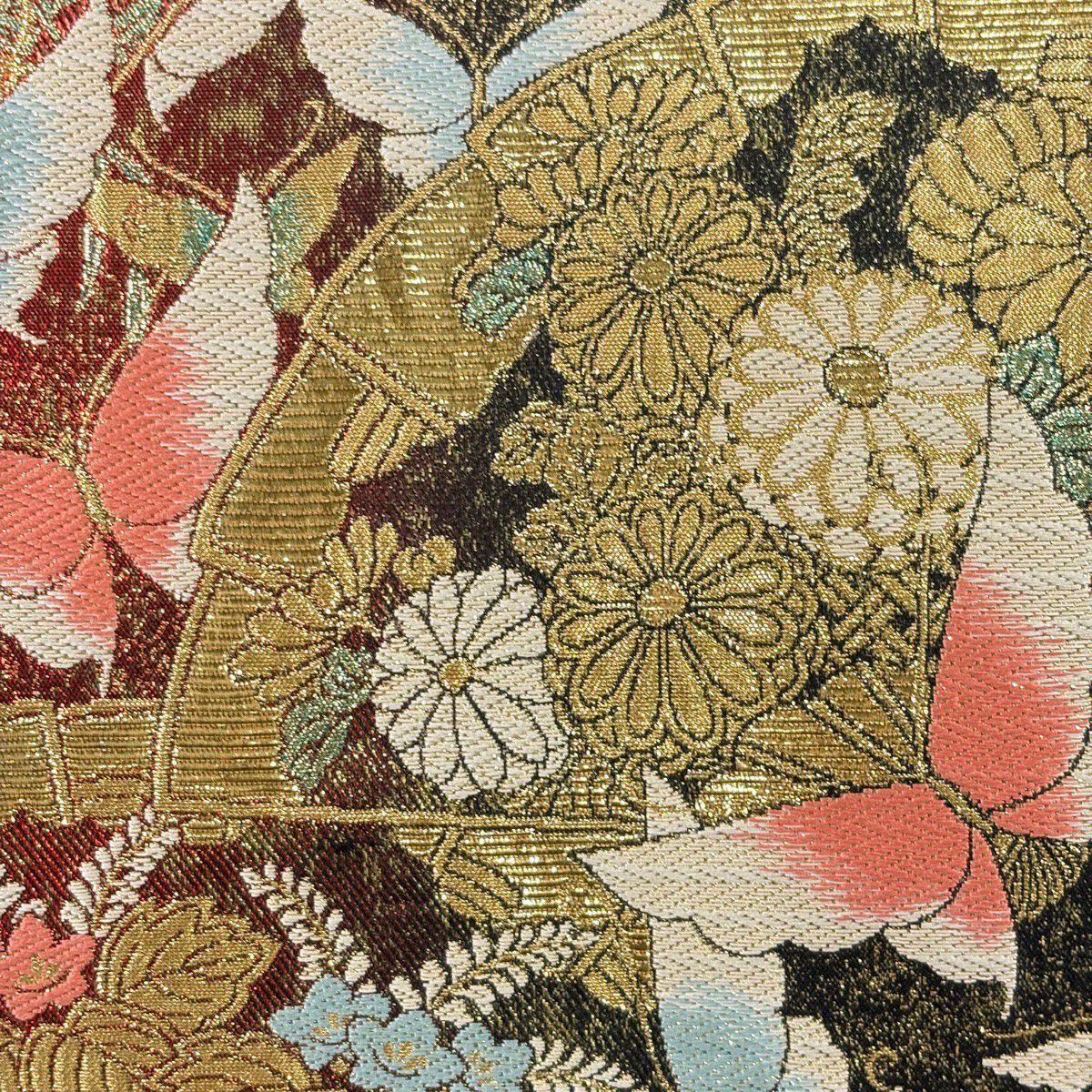 【美品】 袋帶 秀品級 檜扇子 蝴蝶 刺繡 金絲 紅 六通 純蠶絲