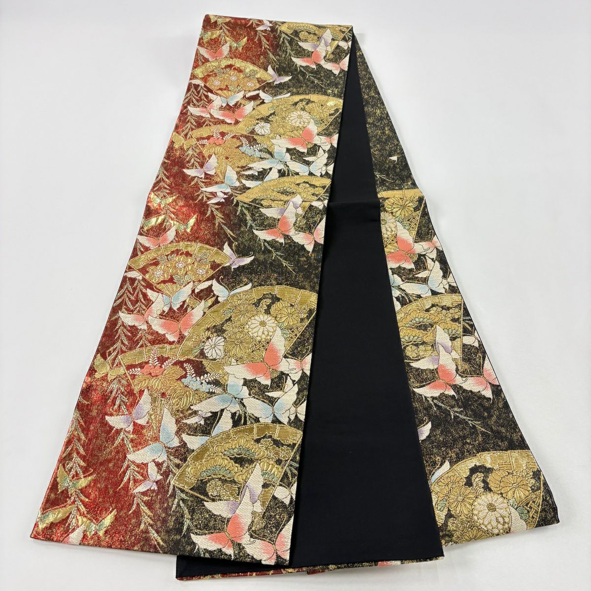 【美品】 袋帶 秀品級 檜扇子 蝴蝶 刺繡 金絲 紅 六通 純蠶絲